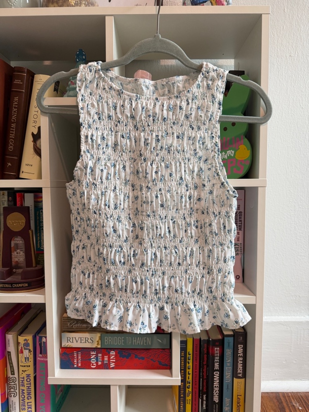 Girls' White & Blue Floral Smocked Tank Top